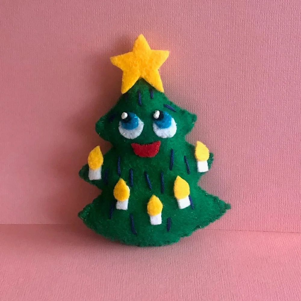 Christmas Tree Ornament Hand-Sewn Felt Anthropomorphic Green whimsy